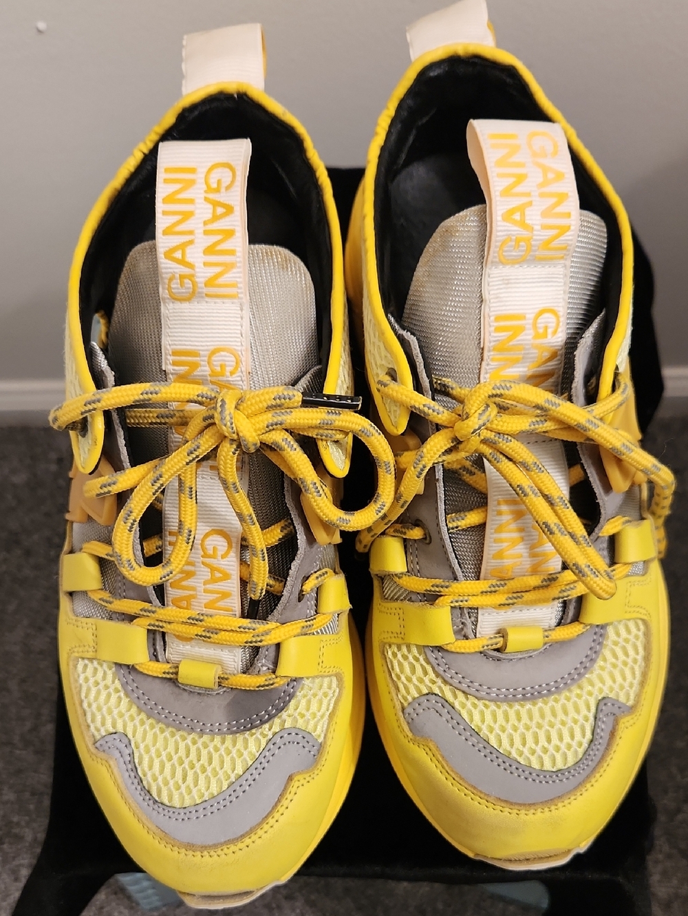 Ganni Yellow and Gray Lace-Up Mesh Sneakers